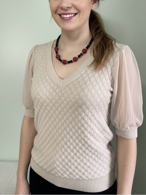 By the River Women’s Light Blush Puff-SleeveKnit V-Neck Top size L Viscose blend